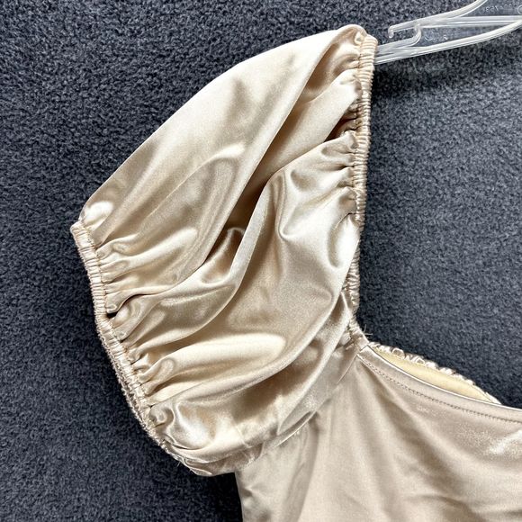 Blue Blush Top womens Large Satin corset Beige Crop Puff short Sleeve sweetheart - Picture 6 of 13